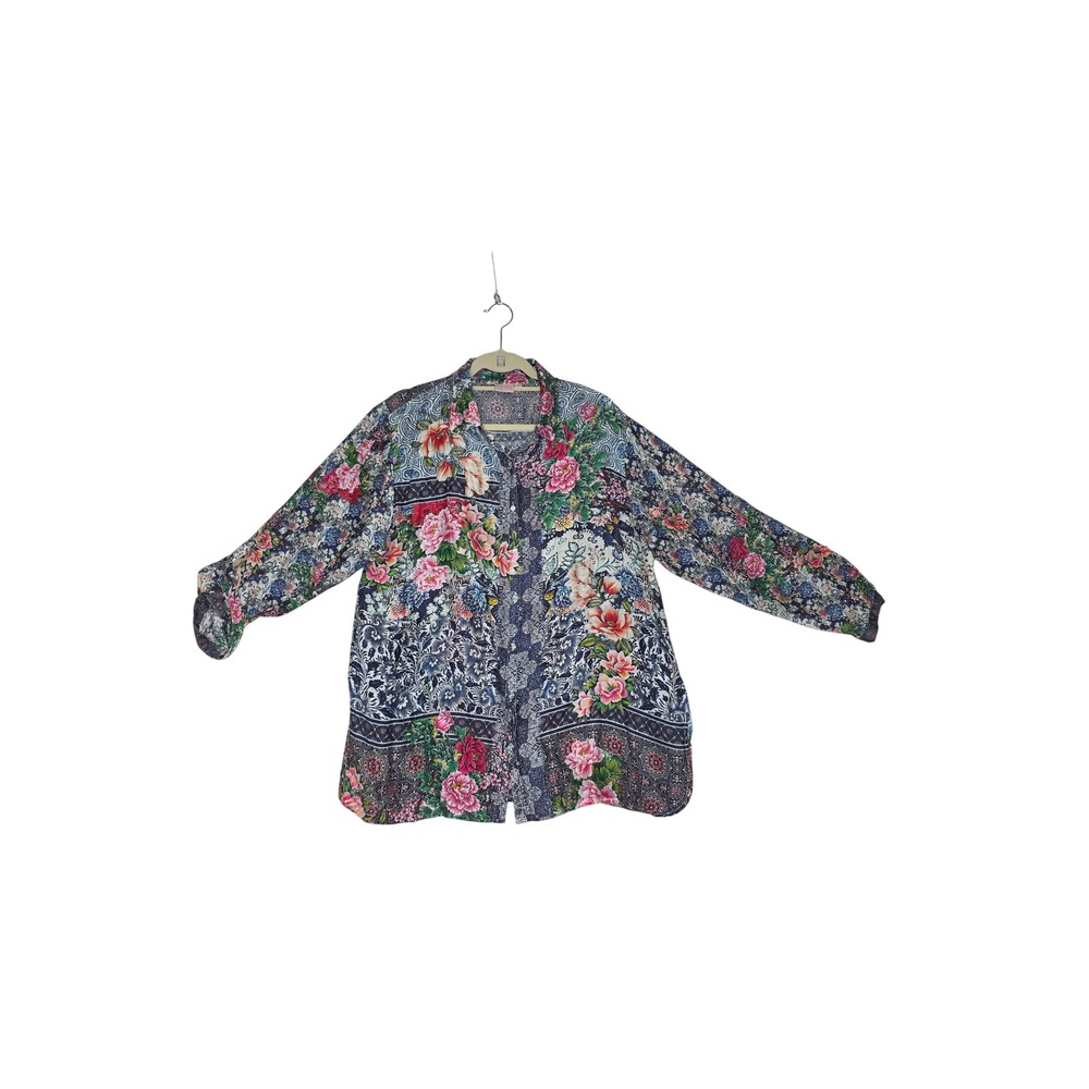 Cienna Floral Paisley Patchwork Button Up Blouse Blue Pink XL Long Sleeve Boho
